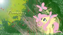 Size: 1920x1080 | Tagged: safe, artist:lugiadriel14, artist:makintosh91, derpibooru import, edit, fluttershy, pegasus, pony, abstract background, cutie mark, female, grass, image, jpeg, leaves, lighting, looking up, mare, name, smiling, solo, spread wings, wallpaper, wallpaper edit, watermark, wings