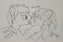 Size: 3317x2189 | Tagged: suggestive, artist:lucky dragon, derpibooru import, oc, oc:dark water, oc:moonpie, unofficial characters only, bat pony, pony, bat pony oc, bat wings, derpibooru exclusive, drool, drool string, french kiss, gay, hat, hoof on cheek, image, jpeg, kissing, male, nightcap, stallion, tongue out, traditional art, wings