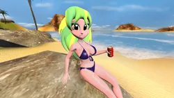 Size: 1920x1080 | Tagged: suggestive, artist:oatmeal!, derpibooru import, lemon zest, human, equestria girls, 3d, beach, belly button, big breasts, bikini, breasts, clothes, gmod, image, island, looking at you, ocean, png, sexy, sitting, soda can, solo, swimsuit, tropical, water