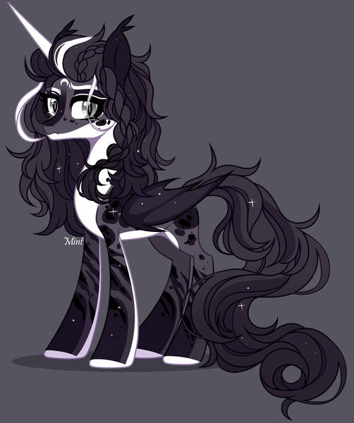 Size: 3156x3774 | Tagged: safe, artist:mint-light, derpibooru import, oc, unofficial characters only, alicorn, bat pony, bat pony alicorn, alicorn oc, ambiguous gender, bat ears, bat wings, black coat, eyeshadow, grimace, hair braid, horn, image, looking at you, makeup, mottled coat, png, signature, sparkles, white belly, white hooves, wings