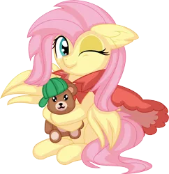 Size: 6868x7101 | Tagged: safe, artist:cyanlightning, derpibooru import, fluttershy, pony, .svg available, absurd resolution, cape, clothes, female, filly, foal, holding, hug, image, one eye closed, plushie, png, simple background, sitting, solo, teddy bear, transparent background, vector, wink, younger