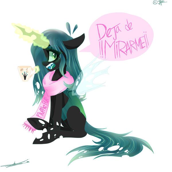 Size: 1024x1024 | Tagged: safe, artist:jgreti, derpibooru import, queen chrysalis, changeling, changeling queen, clothes, female, image, implied chrysipuff, implied shipping, jpeg, mug, scarf, simple background, solo, spanish, speech bubble, white background