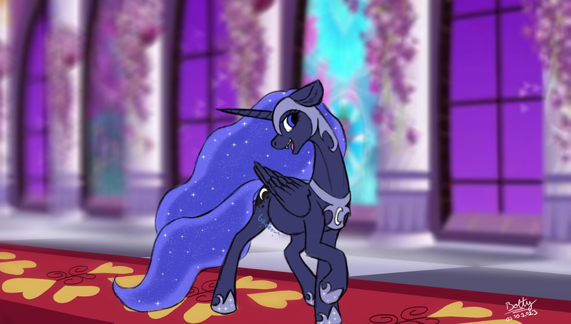 Size: 3662x2080 | Tagged: safe, artist:lightning bolty, derpibooru import, part of a set, princess luna, alicorn, pony, series:nightmare night candy binge, blurry background, canterlot castle, canterlot castle interior, carpet, cartoon physics, colored, commission, digestion, digestion without weight gain, ear fluff, ethereal mane, ethereal tail, fangs, female, floppy ears, folded wings, hallway, hammerspace, hammerspace belly, helmet, high res, hoof shoes, horn, image, indoors, long horn, long mane, long tail, looking forward, mare, nightmare luna, nightmare night, onomatopoeia, open mouth, part of a series, peytral, png, princess shoes, raised hoof, signature, slim, solo, stained glass, starry mane, starry tail, sternocleidomastoid, stomach noise, stuffed, stuffed belly, stuffing, tail, teeth, thin, turned head, vore, walking, wings