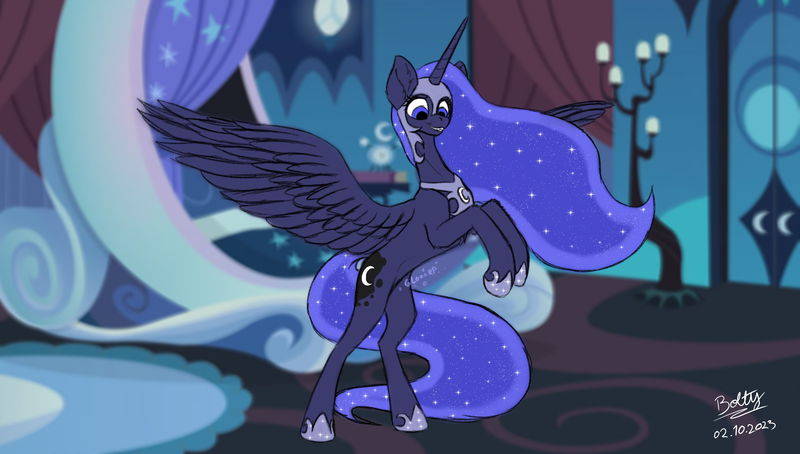 Size: 3662x2080 | Tagged: safe, artist:lightning bolty, derpibooru import, part of a set, princess luna, alicorn, pony, series:nightmare night candy binge, bed, bedroom, belly, blurry background, canterlot castle, canterlot castle interior, cartoon physics, colored, commission, concave belly, digestion, digestion without weight gain, ear fluff, ethereal mane, ethereal tail, fangs, female, grin, hammerspace, hammerspace belly, helmet, high res, hoof shoes, horn, image, indoors, long horn, long mane, long tail, looking at belly, looking at self, looking down, luna's bedroom, mare, nightmare luna, nightmare night, onomatopoeia, open mouth, part of a series, peytral, png, princess shoes, raised hoof, raised hooves, rearing, signature, slim, smiling, solo, spread wings, starry mane, starry tail, sternocleidomastoid, stomach noise, stuffing, tail, teeth, thin, vore, wings