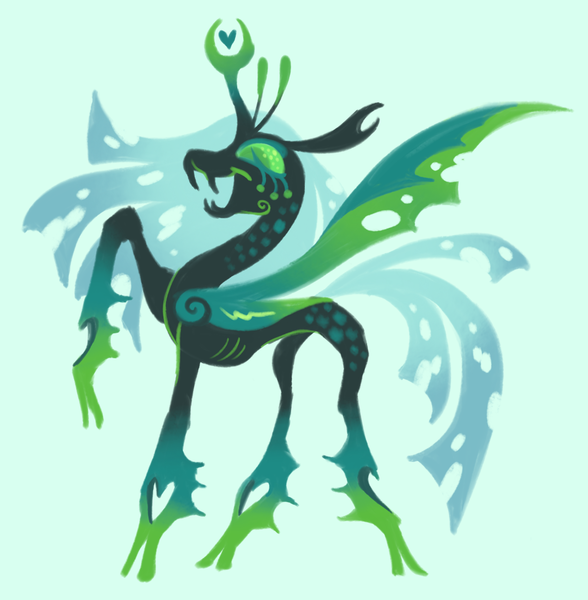 Size: 1105x1127 | Tagged: safe, artist:webkinzworldz, derpibooru import, queen chrysalis, changeling, changeling queen, alternate design, blue background, concave belly, emaciated, februpony, female, image, png, raised hoof, ribs, simple background, skinny, solo, thin