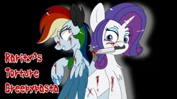 Size: 1280x720 | Tagged: semi-grimdark, derpibooru import, elements of insanity, fanfic:rarity's torture, blood, bloody, creepypasta, image, knife, png, rainbine