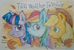 Size: 2048x1393 | Tagged: safe, artist:daisymane, derpibooru import, applejack, rainbow dash, twilight sparkle, earth pony, pegasus, pony, unicorn, fall weather friends, autumn, bust, falling leaves, female, image, jpeg, leaves, mare, signature, text, traditional art, trio, unicorn twilight