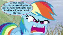 Size: 1280x720 | Tagged: safe, derpibooru import, edit, edited screencap, screencap, rainbow dash, tanks for the memories, angry, faic, image, implied zephyr breeze, offscreen character, png, pun, rainbow dash is best facemaker, speech bubble, threat
