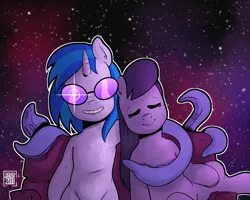 Size: 2625x2100 | Tagged: safe, artist:raph13th, derpibooru import, octavia melody, vinyl scratch, alien, commission, commissioner:dualsoul, fanfic art, galaxy, image, png, smiling