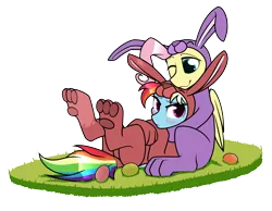 Size: 7200x5580 | Tagged: safe, artist:dacaoo, derpibooru import, fluttershy, rainbow dash, pegasus, pony, animal costume, blushing, bunny costume, bunny ears, clothes, costume, cute, dashabetes, duo, duo female, egg, female, flutterdash, image, lesbian, one eye closed, paw pads, png, shipping, shyabetes, simple background, transparent background, wings