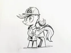 Size: 2048x1536 | Tagged: safe, artist:mellodillo, derpibooru import, rainbow dash, pegasus, pony, alternate hairstyle, clothes, female, grayscale, hard hat, hat, image, jpeg, mare, monochrome, ponytail, smiling, solo, traditional art, weather factory uniform
