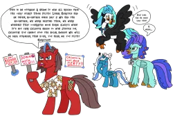 Size: 2934x1961 | Tagged: safe, artist:supahdonarudo, derpibooru import, oc, oc:fleurbelle, oc:icebeak, oc:ironyoshi, oc:sea lilly, unofficial characters only, alicorn, classical hippogriff, hippogriff, unicorn, angry, annoyed, blushing, bow, camera, clothes, cross-popping veins, derpibooru exclusive, dialogue, emanata, embarrassed, facehoof, image, jewelry, levitation, magic, necklace, png, protest, shirt, sign, simple background, speech bubble, telekinesis, text, transparent background