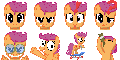 Size: 384x192 | Tagged: safe, artist:scootaloormayfly, derpibooru import, scootaloo, pegasus, pony, alcohol, confused, drinking, exclamation point, goggles, image, looking at you, multeity, pixel art, png, question mark, rpg maker, scooter, simple background, smiling, solo, sprite, surprised, transparent background