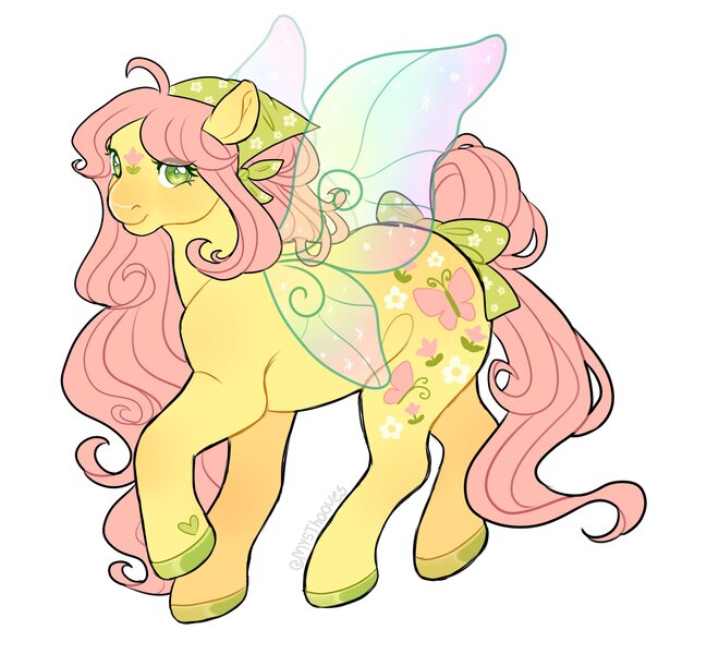 Size: 3524x3206 | Tagged: safe, artist:mysthooves, derpibooru import, fluttershy, flutter pony, pony, bandana, bow, female, g1, g4, g4 to g1, generation leap, high res, image, jpeg, mare, race swap, simple background, solo, tail, tail bow, white background