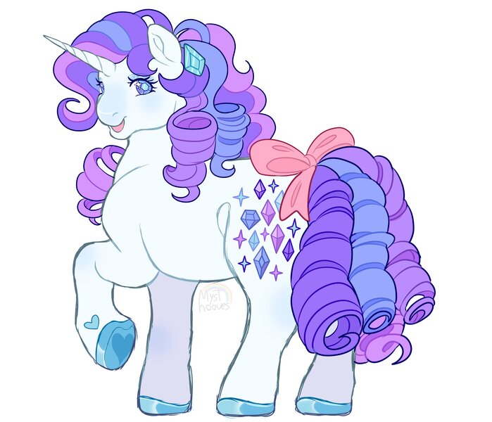 Size: 3524x3024 | Tagged: safe, artist:mysthooves, derpibooru import, rarity, pony, twinkle eyed pony, unicorn, bow, female, g1, g4, g4 to g1, generation leap, high res, hoof heart, image, jpeg, mare, open mouth, open smile, raised hoof, simple background, smiling, solo, tail, tail bow, underhoof, white background