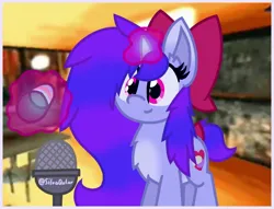 Size: 1410x1080 | Tagged: safe, artist:silvaqular, derpibooru import, oc, oc:qular, pony, unicorn, animated, blue, blurple, bonk, bow, can, chest fluff, fluffy, goofy, image, jpeg, loud, magic, magic aura, microphone, microphone stand, purple, solo, stupid, tail, tail bow, tiktok, vacuum, vacuum cleaner, wacky, warning