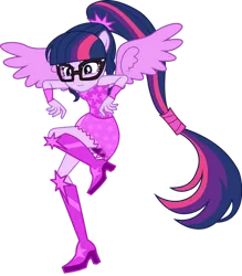 Size: 836x956 | Tagged: safe, artist:ajosterio, derpibooru import, sci-twi, twilight sparkle, equestria girls, boots, clothes, dress, glasses, high heel boots, image, png, ponied up, shoes, solo, wings