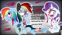 Size: 1280x720 | Tagged: grimdark, suggestive, derpibooru import, rainbow dash, rarity, pony, unicorn, elements of insanity, blood, bloodshot eyes, cannibalism, creepypasta, cum, cum pizza, decapitated, fanfic art, female, food, image, knife, mare, pizza, pizza machine, png, rainbine, raribitch, severed head, severed limb, severed wing