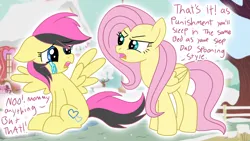 Size: 1280x720 | Tagged: suggestive, derpibooru import, fluttershy, oc, oc:butterfly, crying, female, flutterbitch, image, mother and child, mother and daughter, offspring, parent:fluttershy, png, ponyville schoolhouse, punishment, threat, threatening