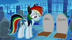 Size: 1280x720 | Tagged: artist needed, source needed, semi-grimdark, derpibooru import, pony, elements of insanity, crying, dylan, eric, gravestone, graveyard, image, png, rainbine, sad, solo