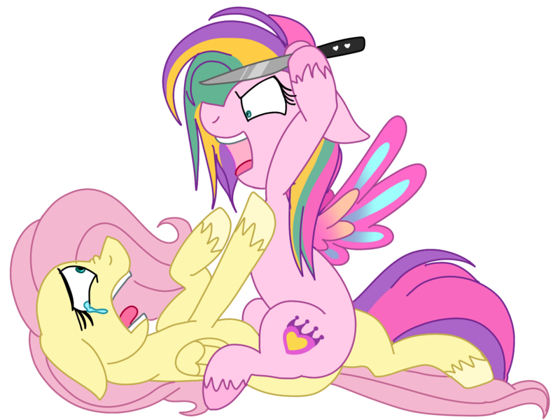 Size: 1366x1024 | Tagged: artist needed, source needed, safe, derpibooru import, fluttershy, ploomette, pegasus, pony, attack, duo, female, image, imminent murder, knife, mare, png, simple background, stabbing, transparent background