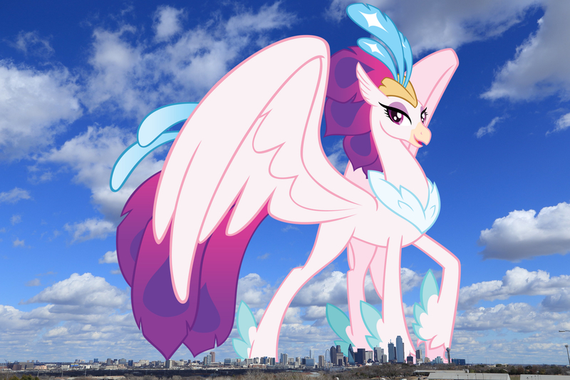 Size: 2048x1365 | Tagged: safe, artist:andoanimalia, derpibooru import, edit, editor:jaredking779, queen novo, classical hippogriff, hippogriff, pony, my little pony: the movie, dallas, female, giant hippogriff, giantess, highrise ponies, image, irl, jpeg, macro, mega giant, photo, ponies in real life, show accurate, solo, story included, texas