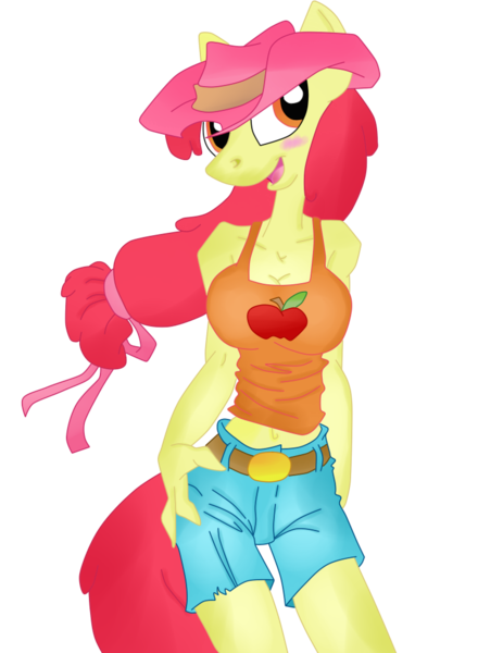 Size: 791x1024 | Tagged: safe, artist:krazykari, artist:trollie trollenberg, color edit, derpibooru import, edit, apple bloom, anthro, earth pony, clothes, colored, denim, denim shorts, image, older, older apple bloom, png, shorts, simple background, solo, tanktop, transparent background