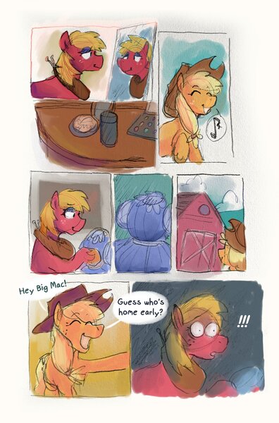 Size: 2659x4032 | Tagged: safe, artist:punkittdev, derpibooru import, applejack, big macintosh, earth pony, pony, comic:apple in the orchard, big femboyintosh, clothes, comic, dialogue, dress, female, image, jpeg, makeup, trans female, trans mare big mac, transgender