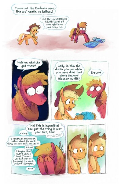 Size: 2659x4032 | Tagged: safe, artist:punkittdev, derpibooru import, applejack, big macintosh, earth pony, pony, comic:apple in the orchard, big femboyintosh, clothes, comic, dialogue, dress, female, image, jpeg, trans female, trans mare big mac, transgender