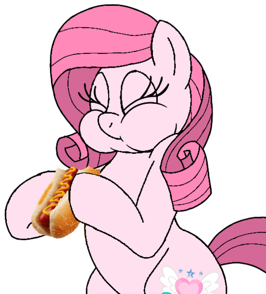 Size: 548x606 | Tagged: safe, artist:noi kincade, derpibooru import, oc, oc:annisa trihapsari, unofficial characters only, earth pony, pony, cute, earth pony oc, eyes closed, female, food, hot dog, image, mare, meat, ocbetes, pink body, pink eyes, pink mane, png, sausage, simple background, solo, transparent background