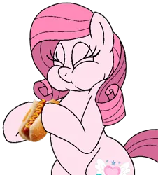 Size: 548x606 | Tagged: safe, artist:noi kincade, derpibooru import, oc, oc:annisa trihapsari, unofficial characters only, earth pony, pony, cute, earth pony oc, eyes closed, female, food, hot dog, image, mare, meat, ocbetes, pink body, pink eyes, pink mane, png, sausage, simple background, solo, transparent background
