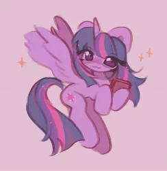 Size: 2108x2160 | Tagged: safe, artist:deadchrltte, derpibooru import, twilight sparkle, twilight sparkle (alicorn), alicorn, pony, book, cute, female, image, jpeg, mare, purple background, simple background, smiling, solo, sparkles, spread wings, twiabetes, wings