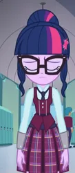 Size: 512x1176 | Tagged: safe, derpibooru import, screencap, sci-twi, twilight sparkle, human, equestria girls, friendship games, clothes, cropped, crystal prep academy, crystal prep academy uniform, eyes closed, female, glasses, hair bun, hallway, image, jpeg, lockers, necktie, sad, school, school uniform, schoolgirl, solo, what more is out there