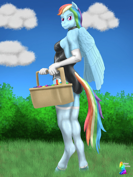 Size: 4500x6000 | Tagged: suggestive, artist:sufficientgravitas, derpibooru import, rainbow dash, anthro, human, pegasus, basket, bipedal, bondage, bunny suit, bush, choker, clothes, cloud, easter, easter egg, gloves, grass, holiday, image, jpeg, kneeling, leotard, outdoors, pinup, socks, solo, spread wings, standing, stockings, thigh highs, wings