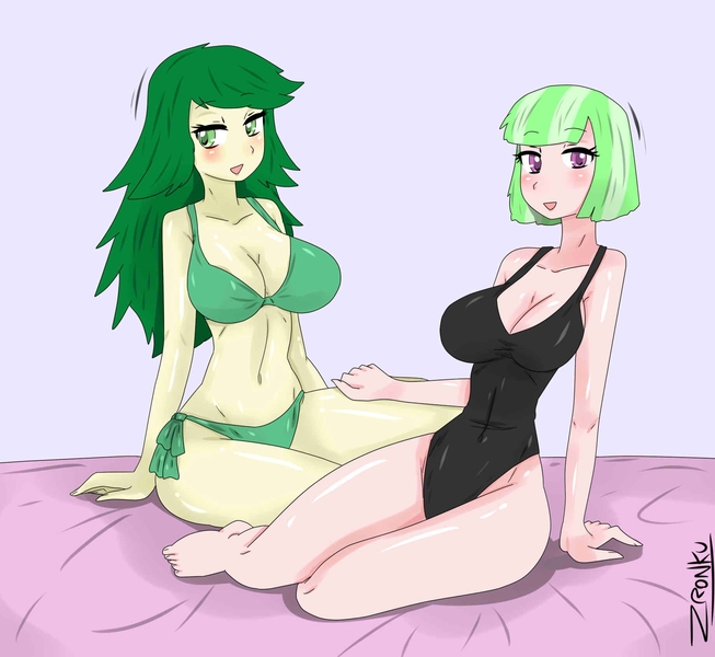 Size: 1839x1691 | Tagged: suggestive, artist:ciriliko, derpibooru import, drama letter, sweet leaf, watermelody, series:magical pin-up, equestria girls, belly button, bikini, breasts, busty sweet leaf, busty watermelody, cleavage, clothes, commissioner:agorooms1, image, jpeg, pin-upverse, pinup