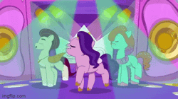 Size: 360x202 | Tagged: safe, derpibooru import, edit, edited screencap, screencap, pipp petals, earth pony, pegasus, pony, my little pony: tell your tale, spoiler:g5, spoiler:my little pony: tell your tale, spoiler:tyts01e41, a day in the life, adorapipp, animated, cute, dancing, eyes closed, female, g5, gif, happy, image, jazz hooves, jewelry, male, mare, raised hoof, reversed, rocky riff, rockybetes, spotlight, stage, stage light, stallion, tiara, trio
