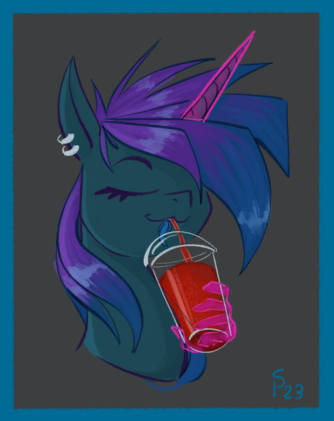 Size: 607x765 | Tagged: suggestive, artist:stray prey, derpibooru import, oc, oc:acidia, oc:lucent, unofficial characters only, pony, unicorn, :3, abstract background, bust, drinking, ear piercing, earring, eyes closed, female, hand, horn, image, jewelry, magic, magic hands, male, mare, micro, piercing, png, slushie, tail, this will end in vore