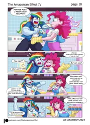 Size: 2726x3802 | Tagged: safe, artist:atariboy2600, artist:bluecarnationstudios, derpibooru import, pinkie pie, rainbow dash, human, comic:the amazonian effect, comic:the amazonian effect iv, equestria girls, breasts, busty pinkie pie, busty rainbow dash, canterlot high, clothes, cupcake, female, food, image, muscles, muscular female, pinkie being pinkie, png, rainbuff dash, shoes