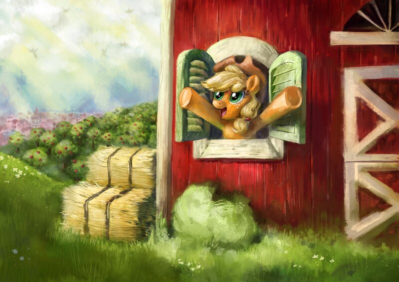 Size: 3508x2480 | Tagged: safe, artist:beherelongtime, derpibooru import, applejack, earth pony, pony, barn, detailed background, digital painting, female, hay bale, image, jpeg, mare, open mouth, open smile, ponyville, smiling, solo, sweet apple acres, window