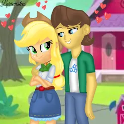 Size: 1400x1400 | Tagged: safe, artist:mlplary6, derpibooru import, applejack, caramel, equestria girls, carajack, female, heart, image, looking at each other, looking at someone, male, png, shipping, smiling, smiling at each other, straight