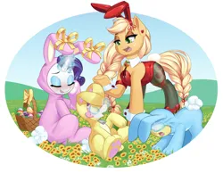Size: 2560x1987 | Tagged: safe, artist:dstears, derpibooru import, apple bloom, applejack, rarity, sweetie belle, earth pony, pony, unicorn, animal costume, basket, blushing, bunny costume, bunny suit, clothes, costume, covering eyes, cuffs, cuffs (clothes), easter, easter basket, easter egg, egg, eyes closed, flower, freckles, glow, glowing horn, holiday, horn, image, jpeg, playboy bunny applejack