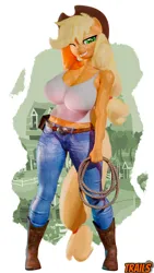 Size: 2160x3840 | Tagged: safe, artist:dandy, artist:trailssfm, derpibooru import, applejack, anthro, arm behind head, belt, belt buckle, big breasts, boots, breasts, busty applejack, cleavage, clothes, cowboy boots, cowboy hat, denim, female, freckles, grin, hair tie, hat, image, jeans, looking at you, one eye closed, pants, png, rope, shoes, smiling, smirk, solo, solo female, spread wings, stetson, stupid sexy applejack, tanktop, wings, wink