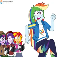 Size: 4717x4445 | Tagged: safe, artist:eagc7, derpibooru import, rainbow dash, sci-twi, starlight glimmer, sunset shimmer, twilight sparkle, human, equestria girls, caroling, clothes, commission, derp, family guy, female, glasses, image, open mouth, parody, patreon, patreon reward, png, running away, scared, simple background, white background