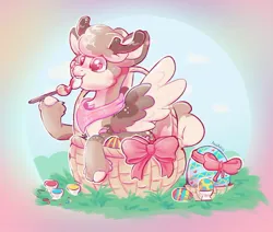 Size: 1128x957 | Tagged: safe, artist:avui, derpibooru import, oc, deer, deer pony, original species, pegasus, basket, bow, easter, holiday, image, jpeg, solo