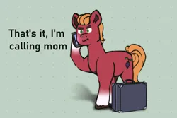 Size: 1800x1200 | Tagged: safe, artist:circumflexs, derpibooru import, sprout cloverleaf, pony, briefcase, g5, hoof hold, image, implied phyllis cloverleaf, jpeg, male, mobile phone, phone, raised hoof, solo, stallion, text, unshorn fetlocks