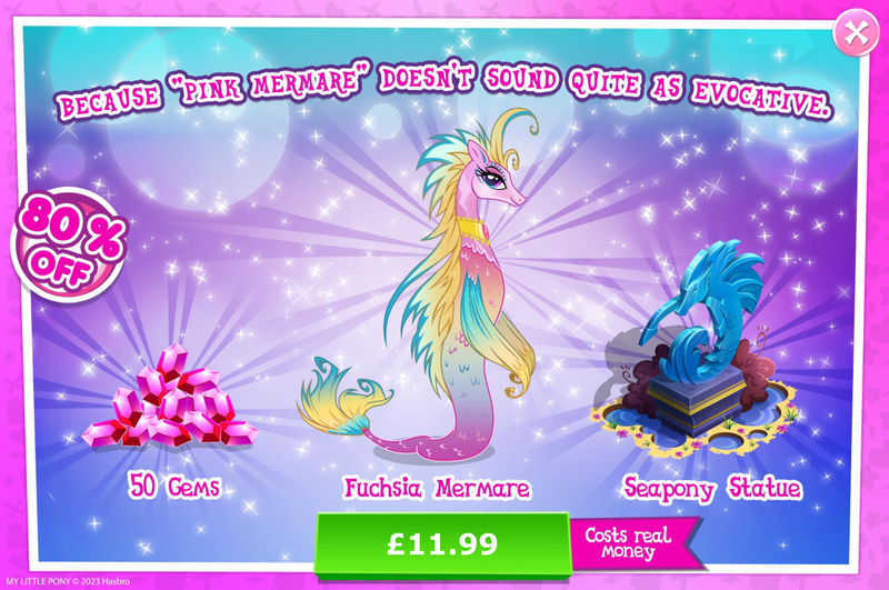 Size: 1961x1301 | Tagged: safe, derpibooru import, official, merpony, pony, advertisement, bush, costs real money, english, female, gameloft, gem, image, jpeg, mare, my little pony: magic princess, numbers, sale, solo, solo focus, statue, text, unnamed merpony