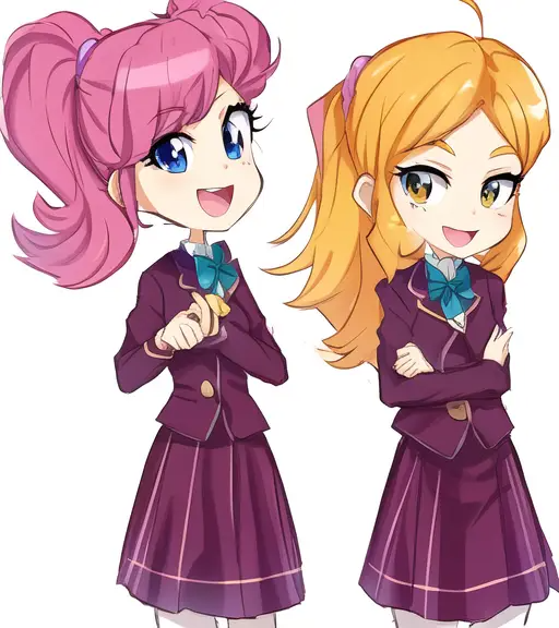 Size: 512x576 | Tagged: safe, artist:rainbowstarcolour262, derpibooru import, machine learning generated, diwata aino, orange sherbette, human, equestria girls, friendship games, :d, anime, bowtie, clothes, crossed arms, cute, duo, duo female, female, happy, image, open mouth, open smile, pinegraph, png, ponytail, school uniform, shirt, simple background, skirt, smiling, white background