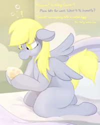Size: 1725x2160 | Tagged: safe, alternate version, artist:not_texmex, derpibooru import, derpy hooves, pegasus, pony, bed, bed mane, bedroom, blank flank, blanket, confused, cute, derpibooru exclusive, dialogue, egg, female, filly, foal, image, implied oviposition, looking at something, messy mane, oblivious, offscreen character, pillow, png, question mark, spread wings, wings, younger