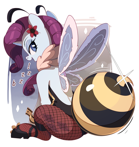 Size: 3400x3600 | Tagged: safe, artist:nookprint, derpibooru import, rarity, pony, unicorn, animal costume, bee costume, clothes, costume, female, final fantasy, final fantasy vii, image, looking at you, looking back, looking back at you, mare, png, sitting, solo