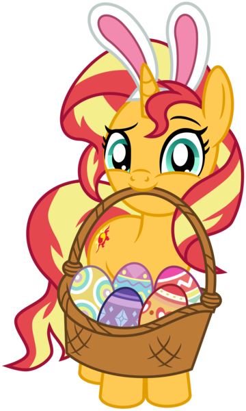 Size: 2863x4773 | Tagged: safe, artist:emeraldblast63, derpibooru import, sunset shimmer, pony, unicorn, basket, bunny ears, cute, easter basket, easter egg, female, high res, image, looking at you, mare, mouth hold, png, shimmerbetes, simple background, solo, transparent background, vector